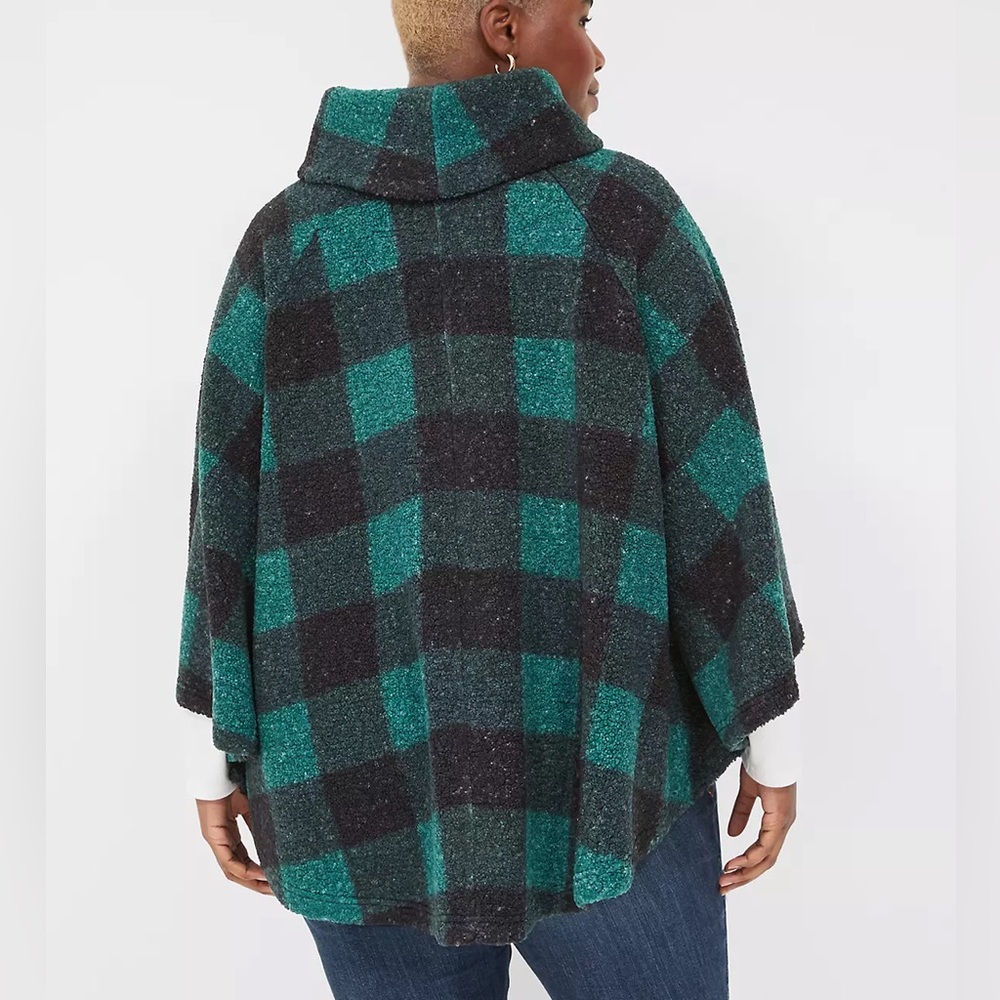 Lane Bryant Green and Black Plaid Cowlneck Pullover Poncho Sz 14/16 - Picture 3 of 7